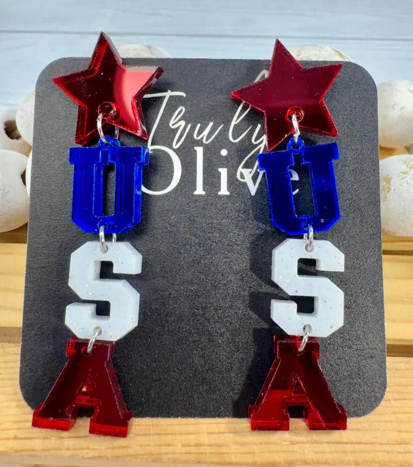 Truly Olive Patriotic Lettered USA Earring Dangles - Earrings Dangle Earrings