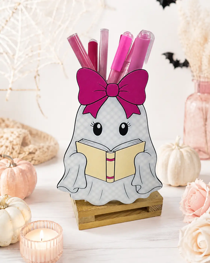 Truly Olive Bookish Ghost Pen Holder | Pink Bow Halloween Desk Organizer - Pen Holders Desk Pen Holders