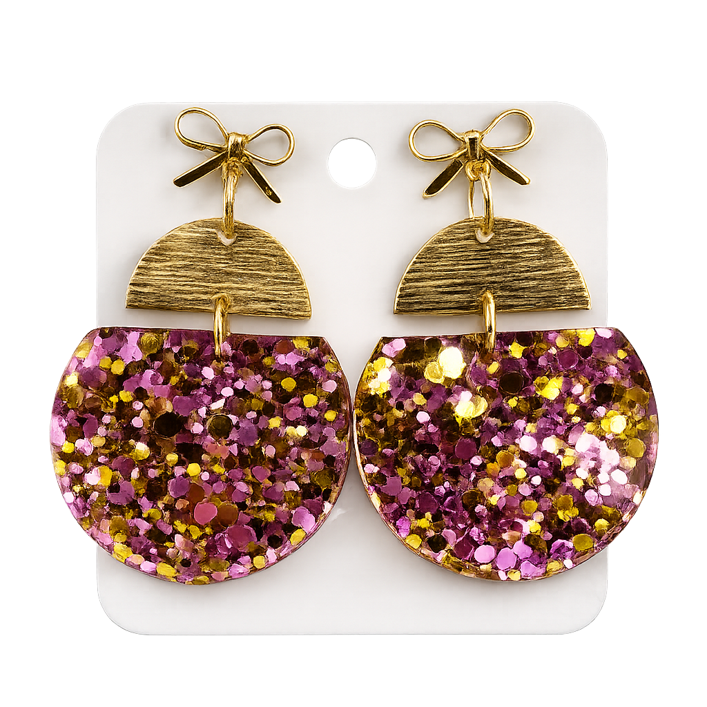 Truly Olive Pink & Gold Glitter Statement Earrings with Gold Bow Handmade Acrylic Earrings - Earrings Stud/Post Earrings