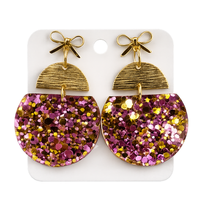 Truly Olive Pink & Gold Glitter Statement Earrings with Gold Bow Handmade Acrylic Earrings - Earrings Stud/Post Earrings