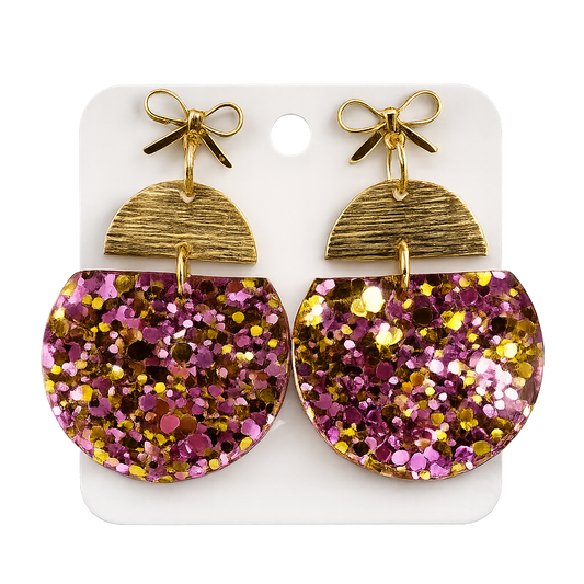 Truly Olive Pink & Gold Glitter Statement Earrings with Gold Bow Handmade Acrylic Earrings - Earrings Stud/Post Earrings