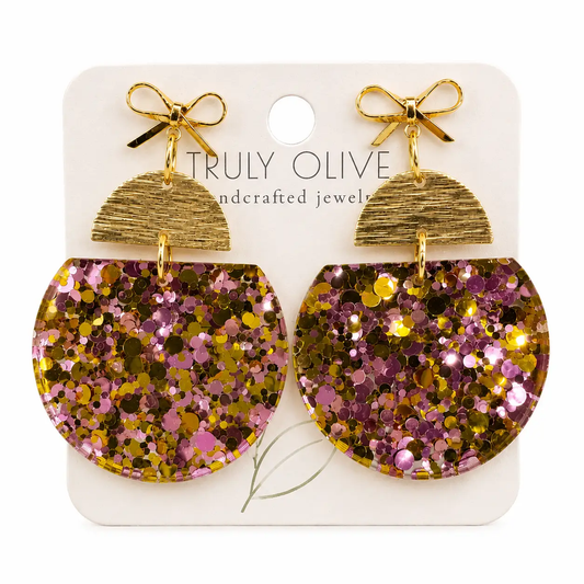 Truly Olive Pink & Gold Glitter Statement Earrings with Gold Bow Handmade Acrylic Earrings - Earrings Stud/Post Earrings