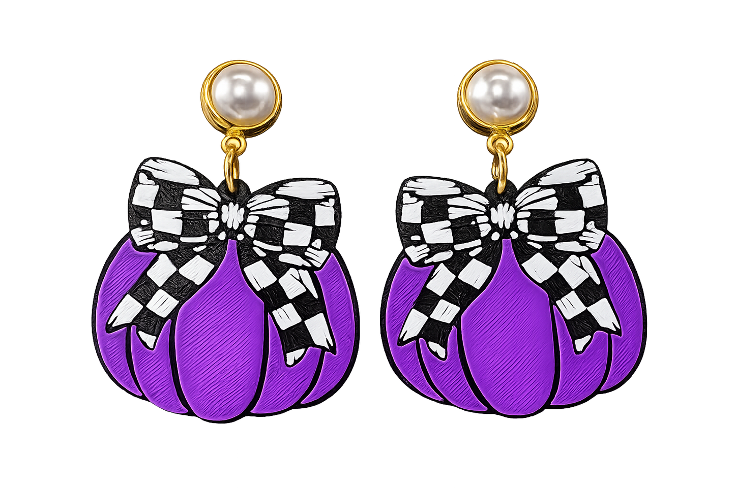 Truly Olive Checkered Bow Pumpkin Earrings – Fall & Halloween Statement Earrings - Earrings Stud/Post Earrings