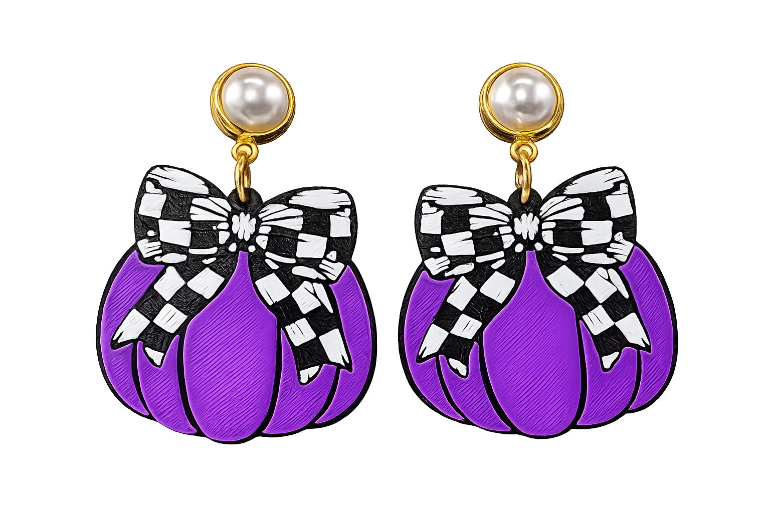 Truly Olive Checkered Bow Pumpkin Earrings – Fall & Halloween Statement Earrings - Earrings Stud/Post Earrings