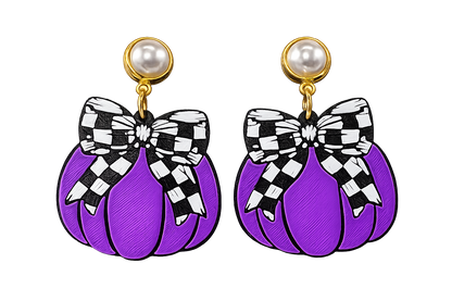 Truly Olive Checkered Bow Pumpkin Earrings – Fall & Halloween Statement Earrings - Earrings Stud/Post Earrings