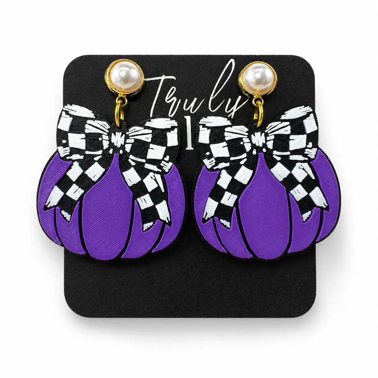 Truly Olive Checkered Bow Pumpkin Earrings For Halloween Style - Earrings Stud/Post Earrings
