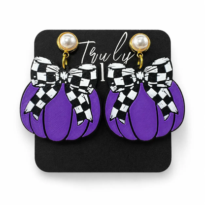 Truly Olive Checkered Bow Pumpkin Earrings For Halloween Style - Earrings Stud/Post Earrings