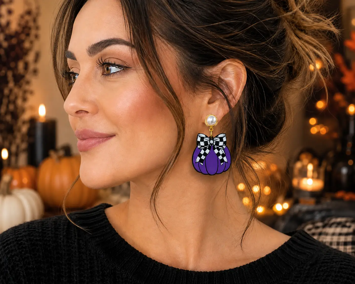 Truly Olive Checkered Bow Pumpkin Earrings For Halloween Style - Earrings Stud/Post Earrings