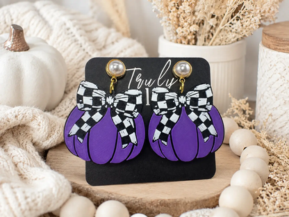 Truly Olive Checkered Bow Pumpkin Earrings For Halloween Style - Earrings Stud/Post Earrings