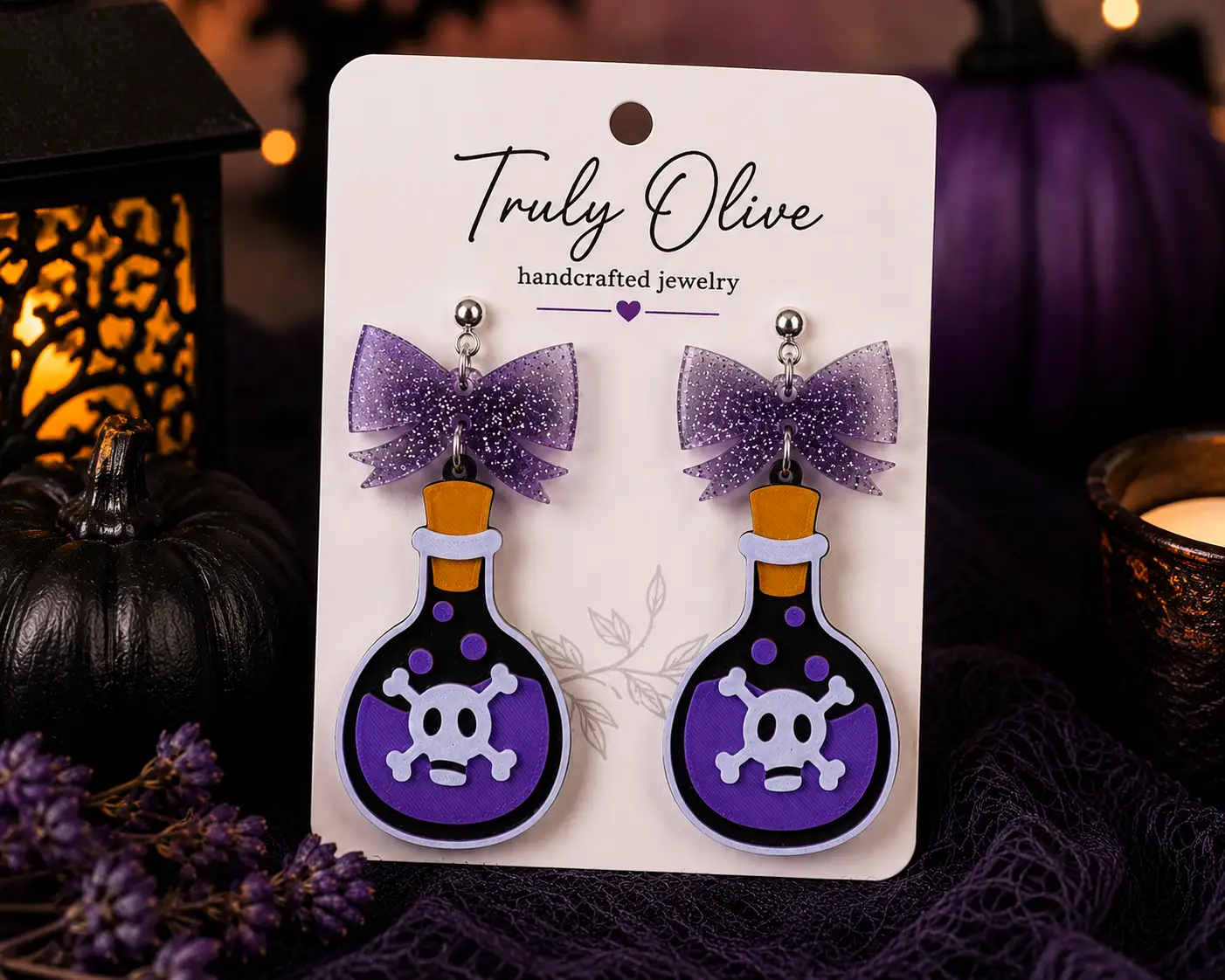 Truly Olive Poison Potion Bottle Halloween Earrings – Spooky Acrylic Dangle Earrings for Women - Earrings Stud/Post Earrings