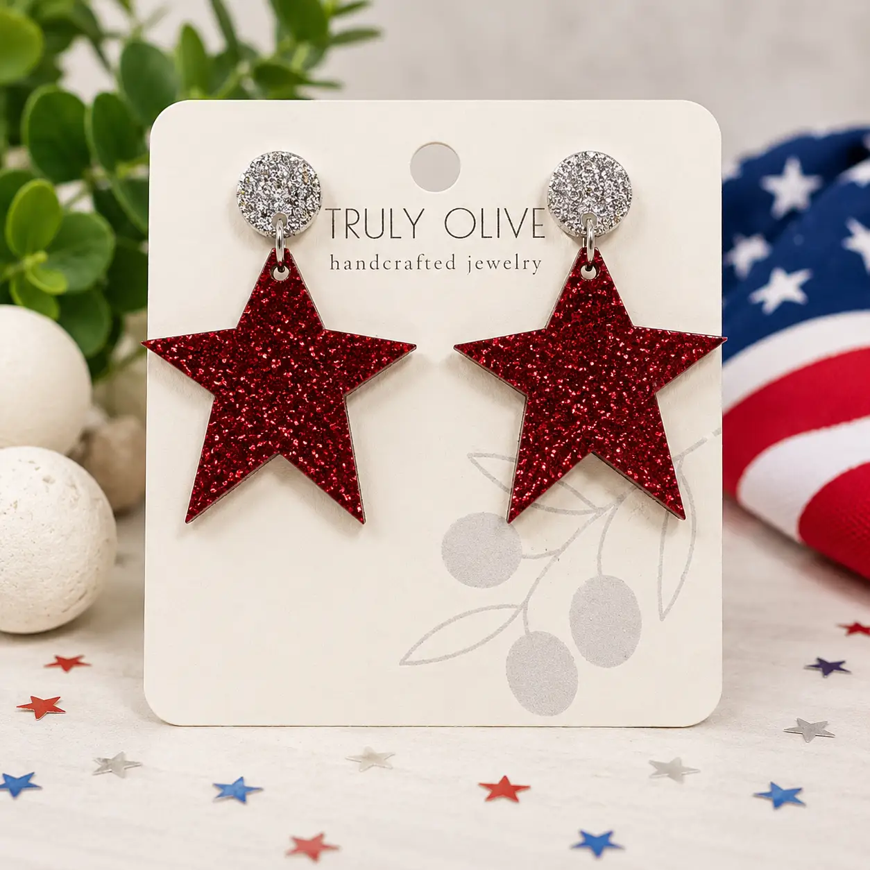 Truly Olive Star Spangled Patriotic Star Post Back Earrings - Earrings Dangle Earrings