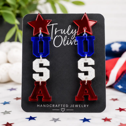 Truly Olive Patriotic Lettered USA Earring Dangles - Earrings Dangle Earrings
