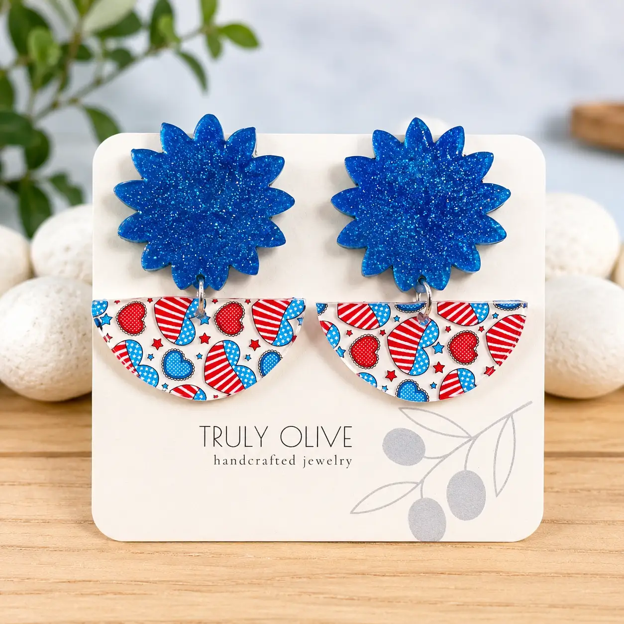 Truly Olive Patriotic Hearts Red White and Blue - Earrings Dangle Earrings