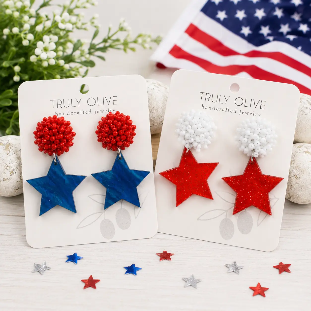 Truly Olive Vibrant Patriotic Red White Blue Heart Earrings For Summer - Earrings Stud/Post Earrings