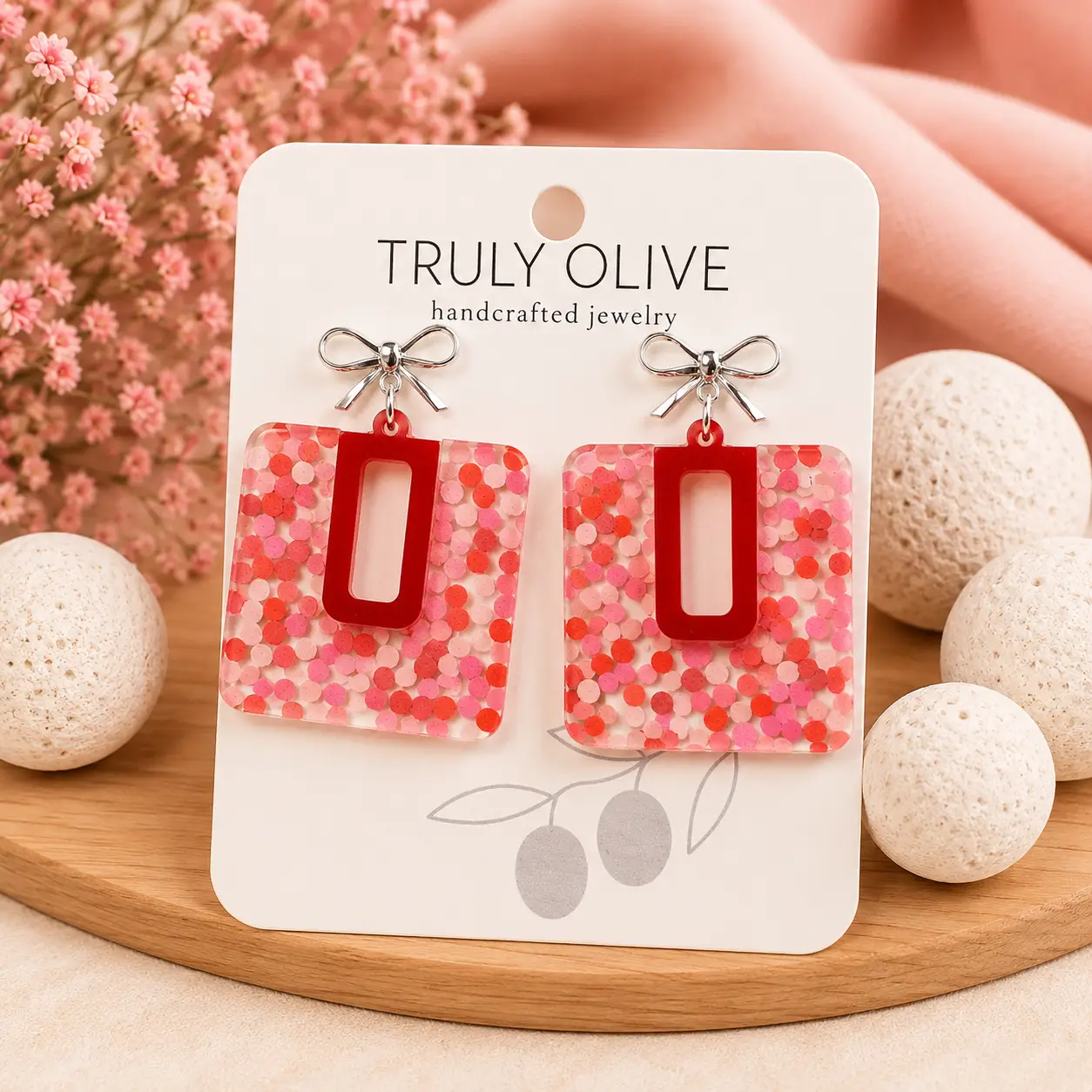 Truly Olive Cutie Pink and Red Polk A Dots Bow Dangles - Earrings Stud/Post Earrings