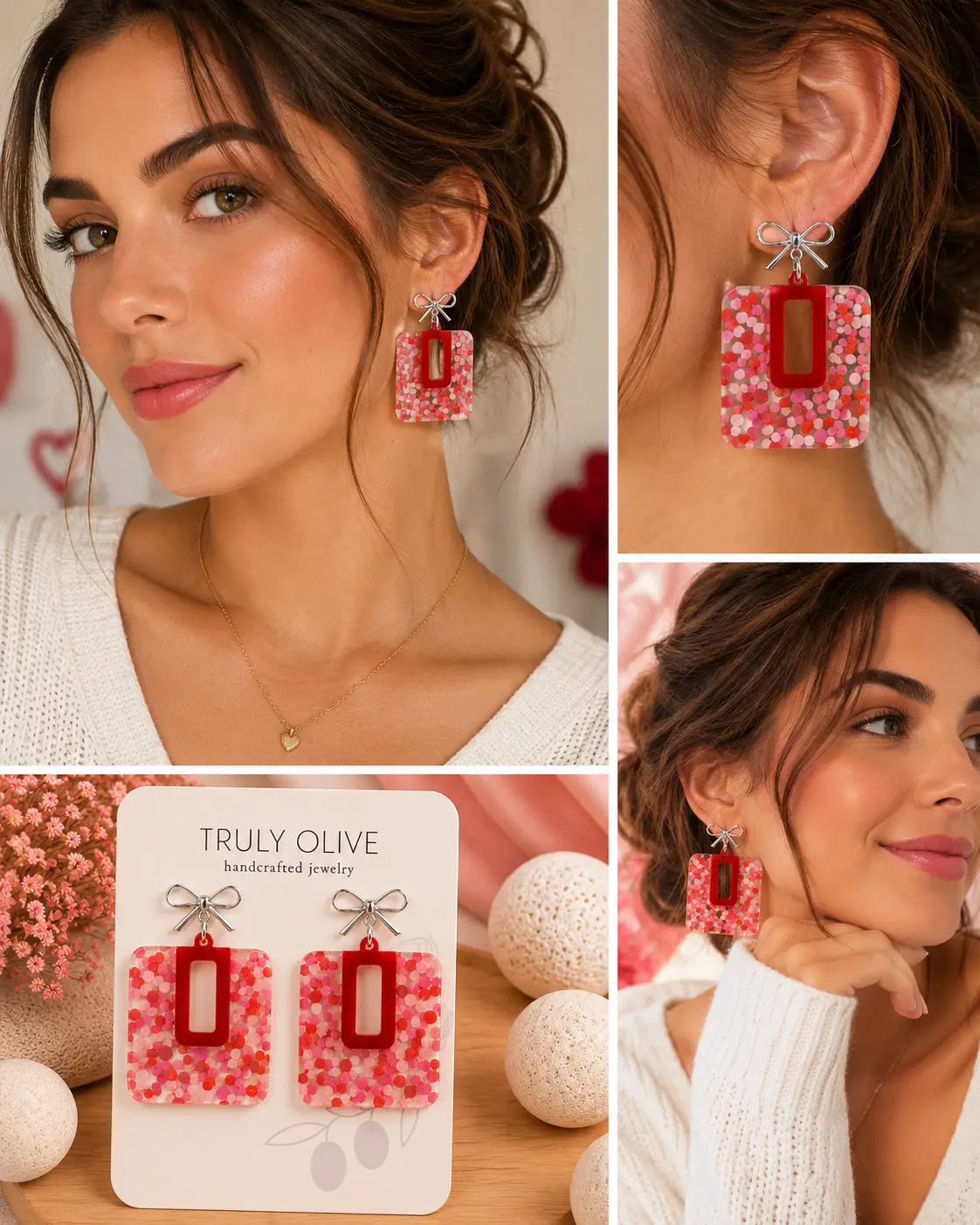 Truly Olive Cutie Pink and Red Polk A Dots Bow Dangles - Earrings Stud/Post Earrings