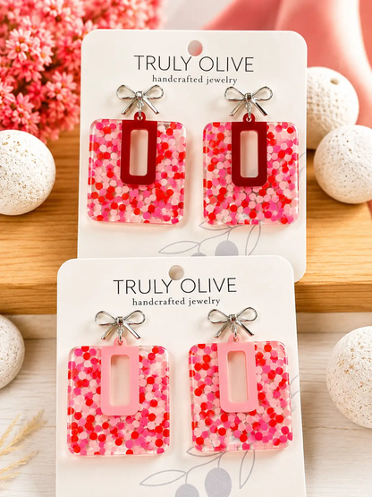Truly Olive Cutie Pink and Red Polk A Dots Bow Dangles - Earrings Stud/Post Earrings
