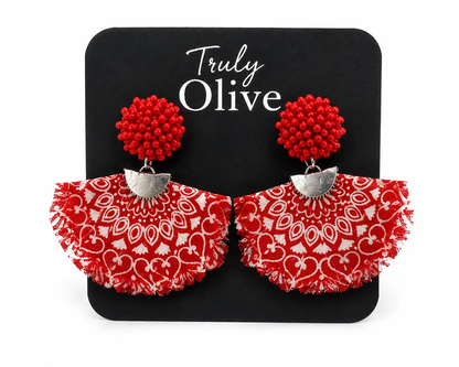 Truly Olive Bring bold western style to your jewelry collection with these handcrafted Red Bandana Fringe Statement Earrings from Truly Olive. - Earrings Dangle Earrings