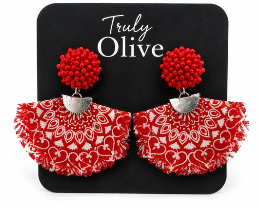 Truly Olive Bring bold western style to your jewelry collection with these handcrafted Red Bandana Fringe Statement Earrings from Truly Olive. - Earrings Dangle Earrings