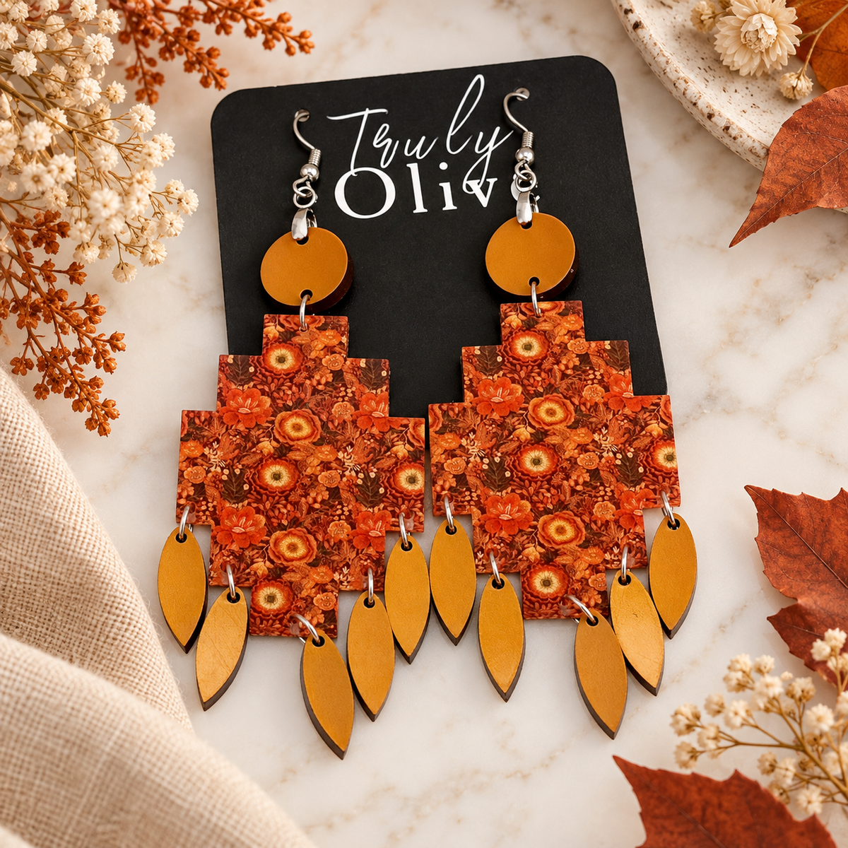 Truly Olive Bring warm seasonal color to your jewelry collection with the Fall Floral Statement Earrings from Truly Olive. - Earrings Dangle Earrings