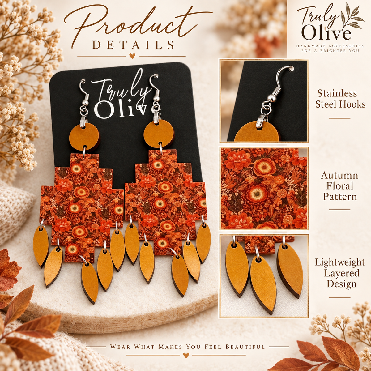 Truly Olive Bring warm seasonal color to your jewelry collection with the Fall Floral Statement Earrings from Truly Olive. - Earrings Dangle Earrings