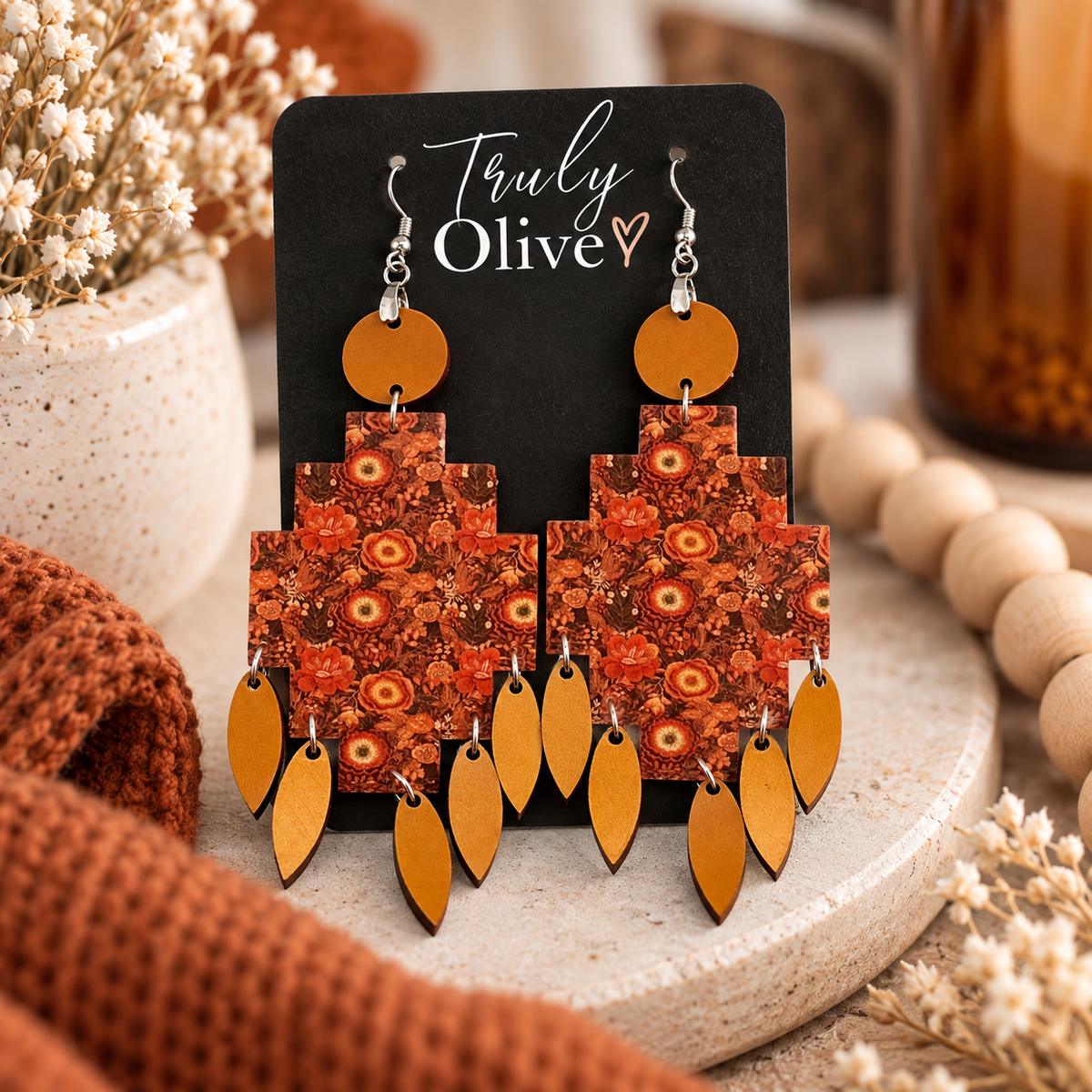 Truly Olive Bring warm seasonal color to your jewelry collection with the Fall Floral Statement Earrings from Truly Olive. - Earrings Dangle Earrings