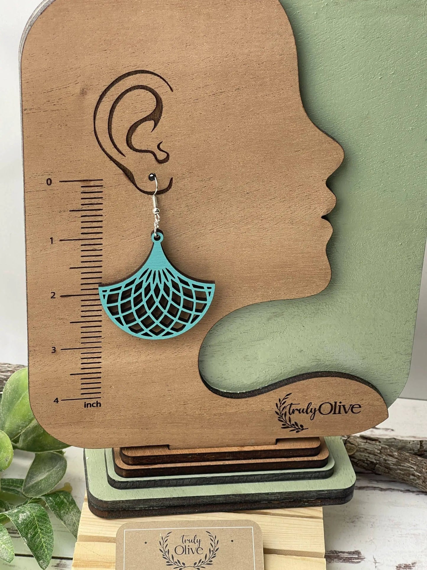 Truly Olive Stunning Wood Mandala Earrings in Unique Fanned Out Shape - Earrings Dangle Earrings