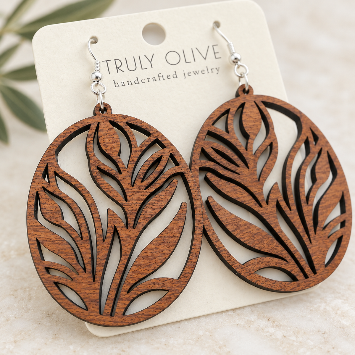 Truly Olive Botanical Oval Wood Earrings - Earrings Dangle Earrings
