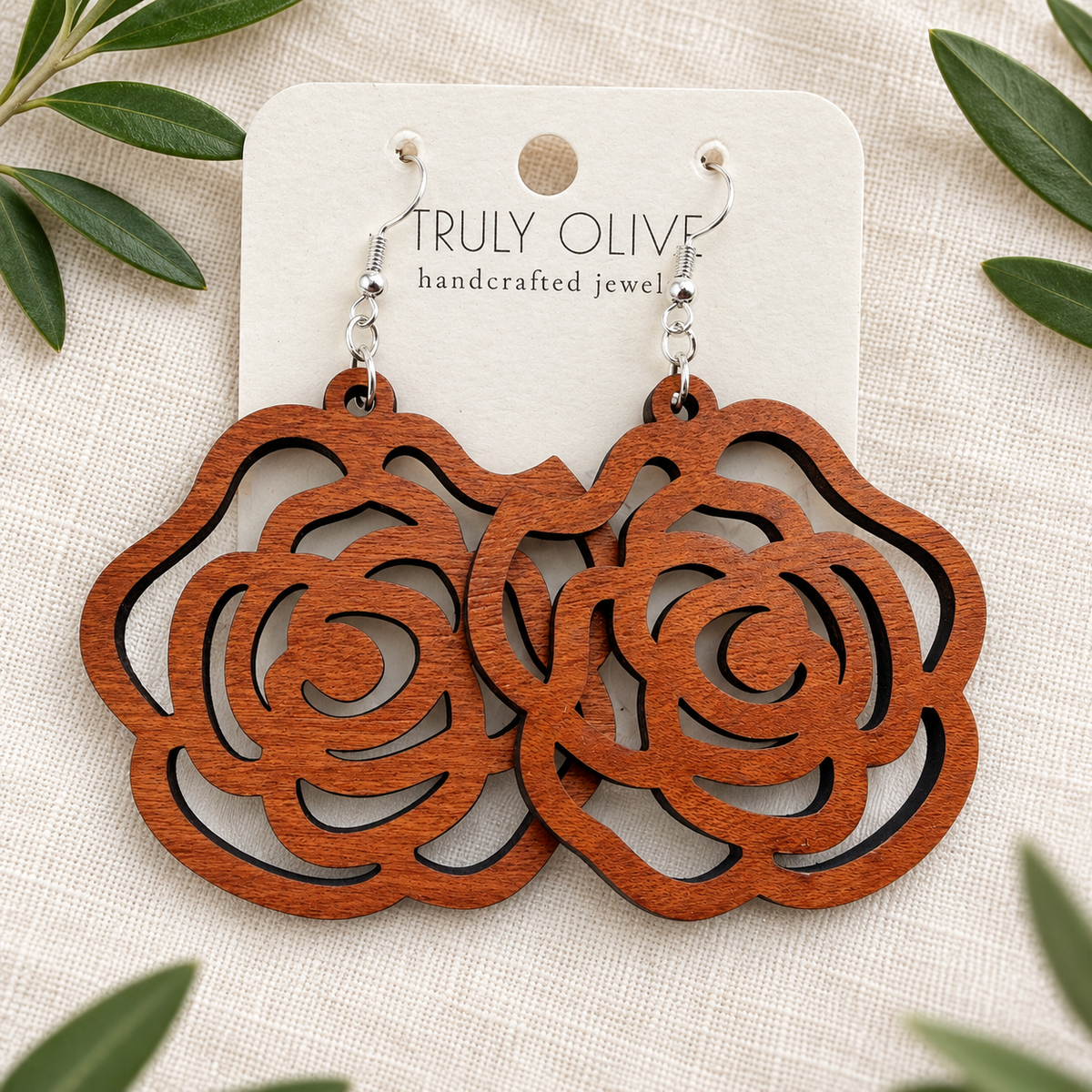 Truly Olive Wood Rose Statement Earrings - Earrings Dangle Earrings