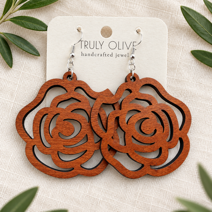 Truly Olive Wood Rose Statement Earrings - Earrings Dangle Earrings