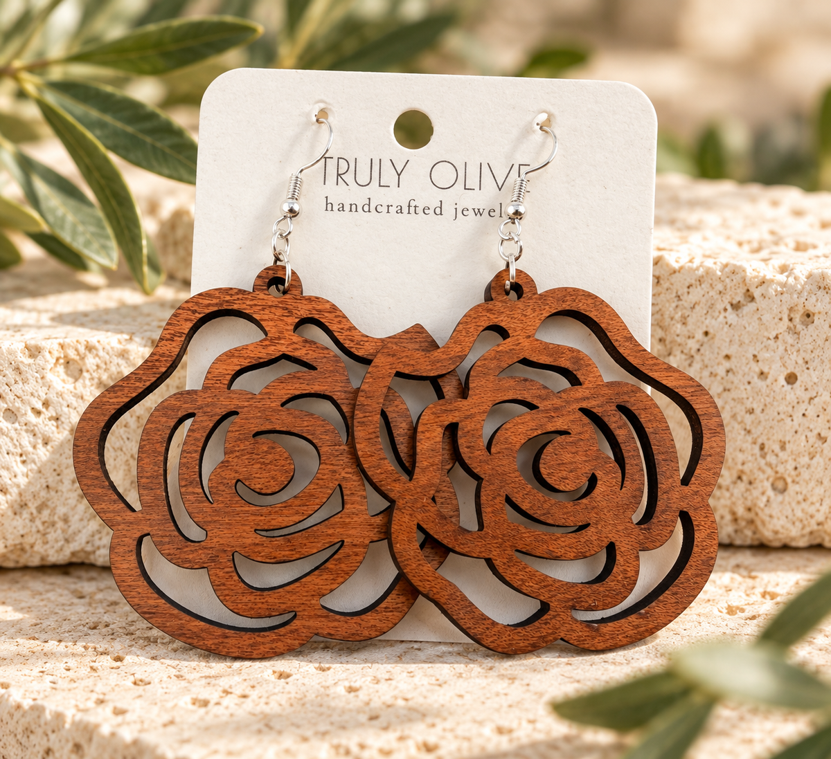 Truly Olive Wood Rose Statement Earrings - Earrings Dangle Earrings