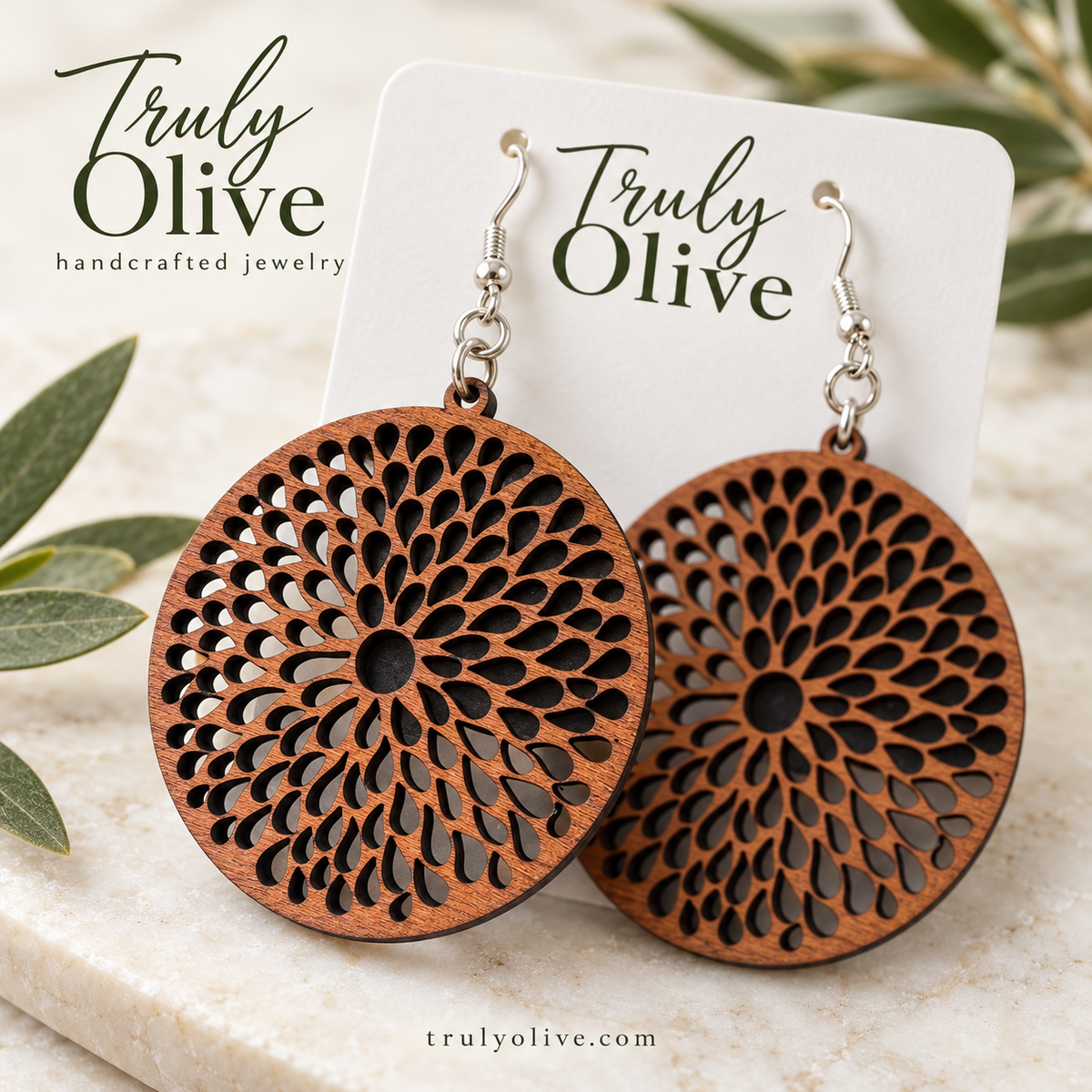 Truly Olive Round Teardrop Cutout Wood Earrings - Earrings Dangle Earrings