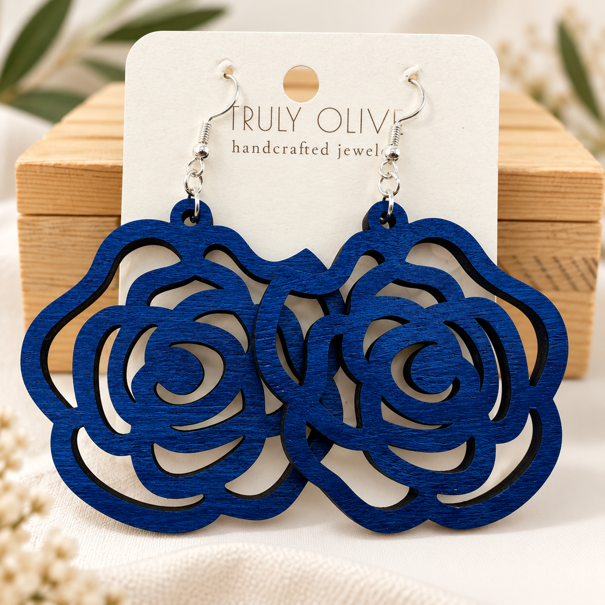 Truly Olive Wood Rose Statement Earrings - Earrings Dangle Earrings