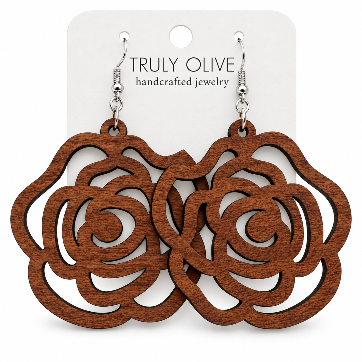 Truly Olive Handcrafted Wood Rose Statement Earrings For Everyday Elegance - Earrings Dangle Earrings