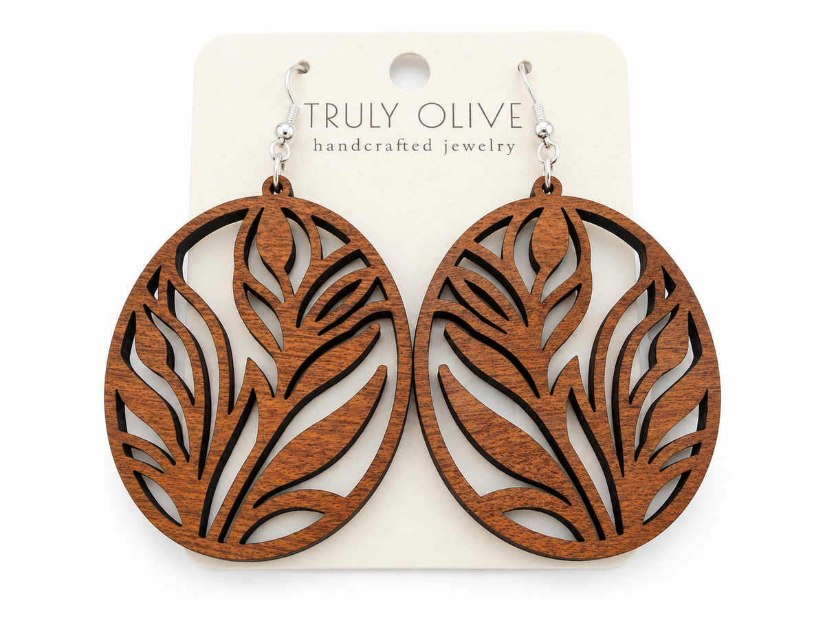 Truly Olive Botanical Oval Wood Earrings - Earrings Dangle Earrings