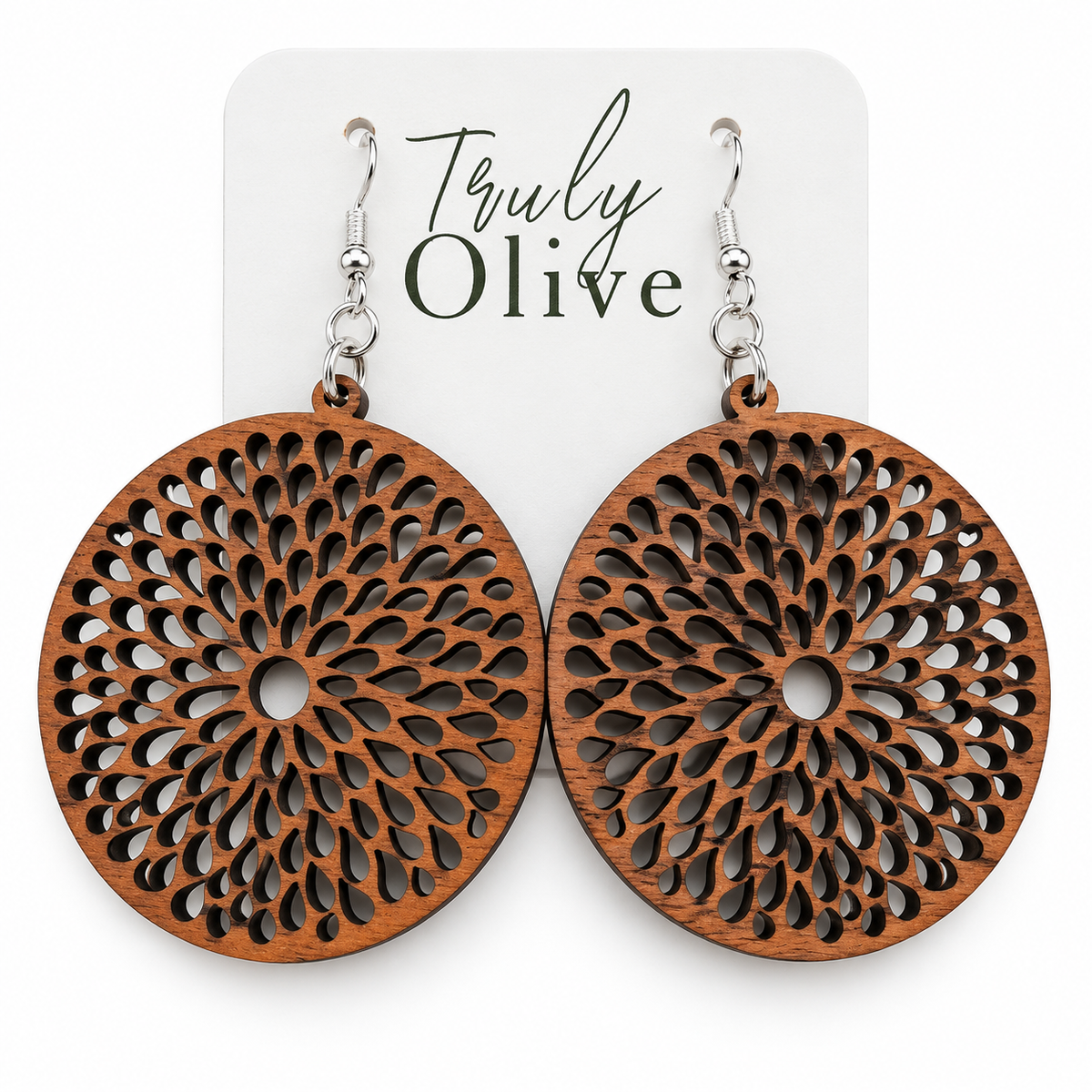 Truly Olive Round Teardrop Cutout Wood Earrings - Earrings Dangle Earrings