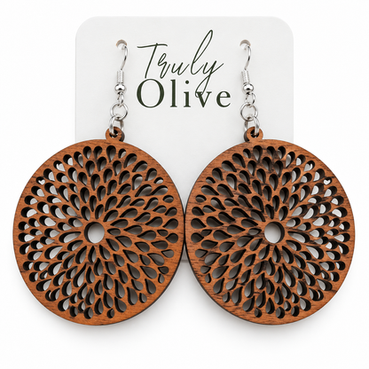 Truly Olive Round Teardrop Cutout Wood Earrings - Earrings Dangle Earrings
