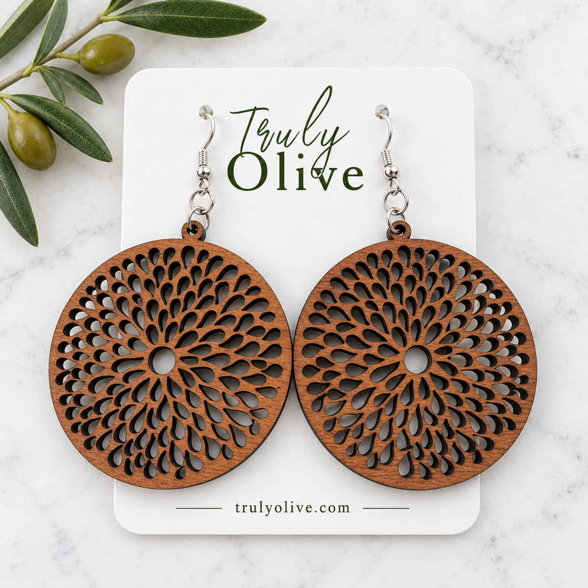 Truly Olive Round Teardrop Cutout Wood Earrings - Earrings Dangle Earrings