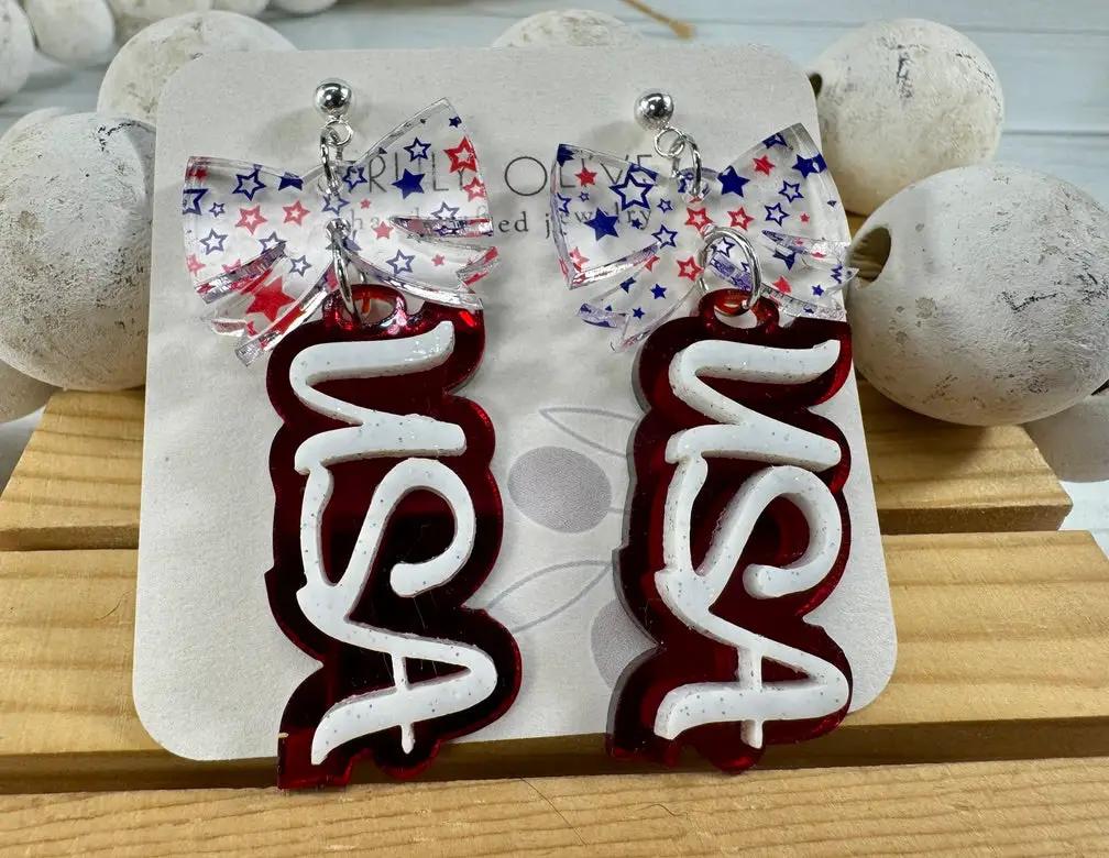 Truly Olive Patriotic USA Bow Dangle Earrings - Earrings Dangle Earrings