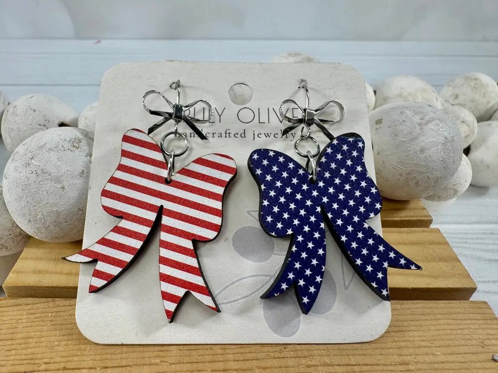 Trulyolive Patriotic Coquette Bow Red White and Blue Earrings - Earrings