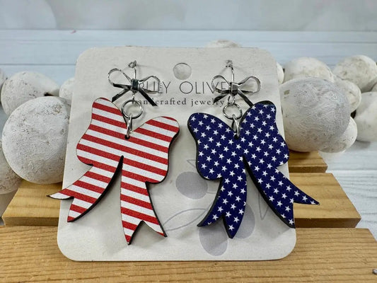 Trulyolive Patriotic Coquette Bow Red White and Blue Earrings - Earrings