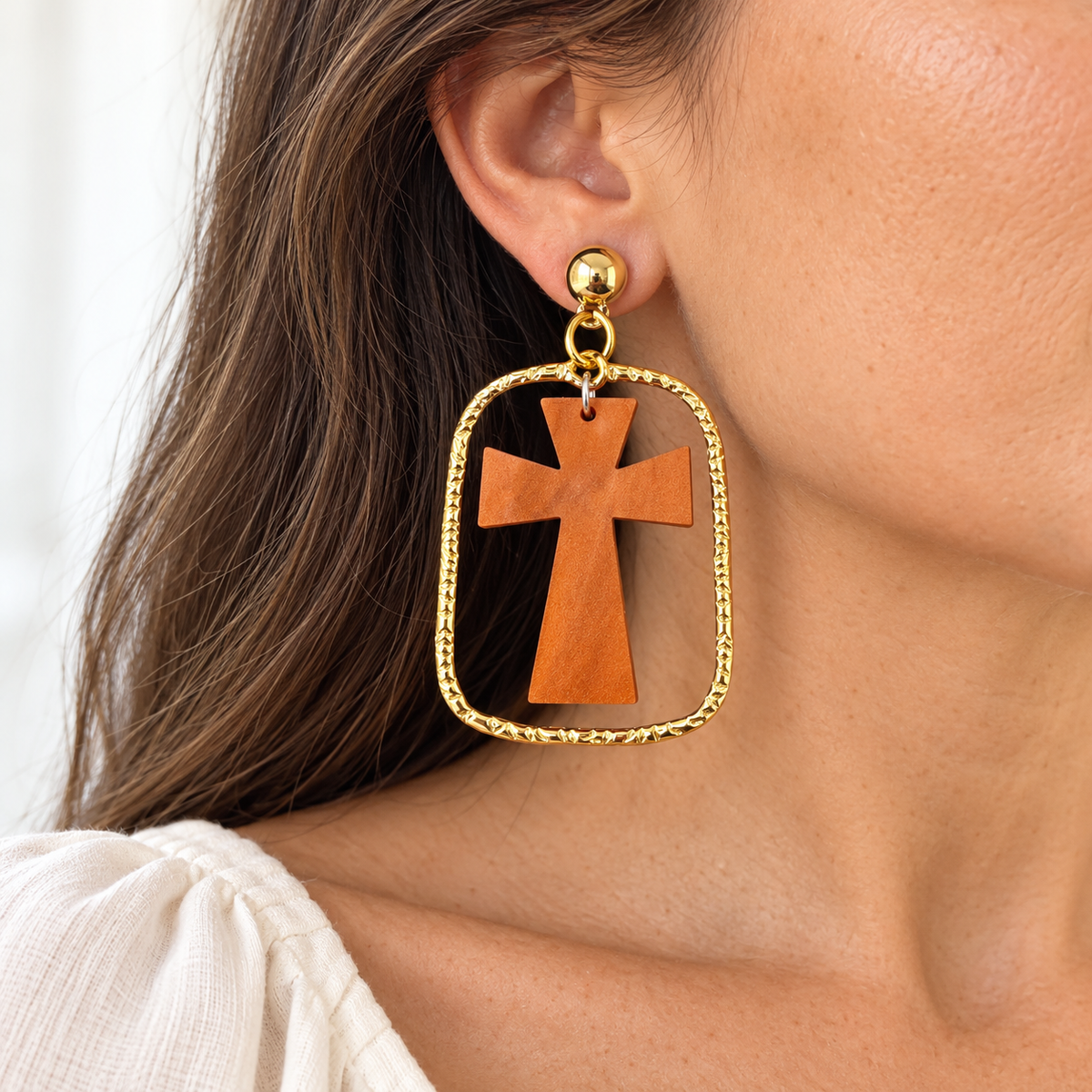Trulyolive Brown Cross Statement Earrings With Textured Gold Frame - Earrings