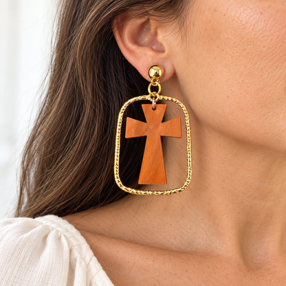 Trulyolive Brown Cross Statement Earrings With Textured Gold Frame - Earrings
