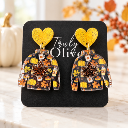 Truly Olive Fall Sweater Earrings with Glitter Maple Leaves - Earrings Dangle Earrings