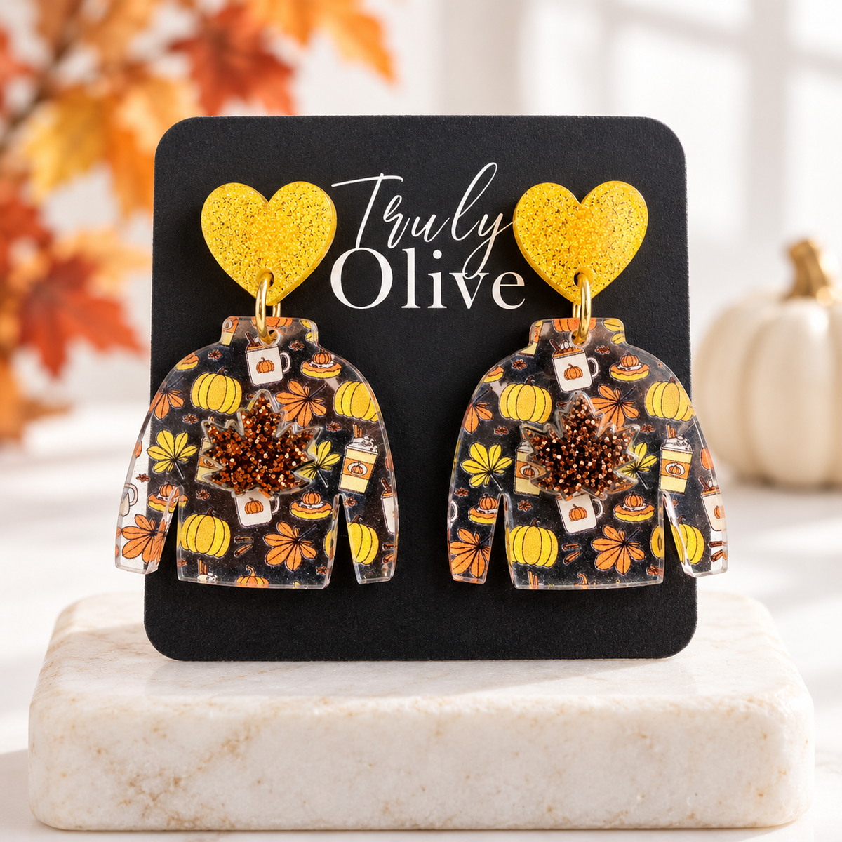 Truly Olive Fall Sweater Earrings with Glitter Maple Leaves - Earrings Dangle Earrings