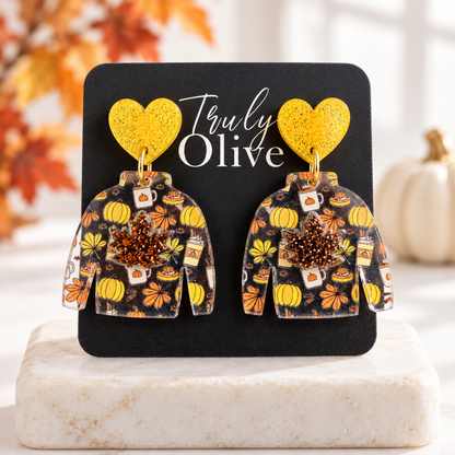 Truly Olive Fall Sweater Earrings with Glitter Maple Leaves - Earrings Dangle Earrings