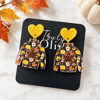 Truly Olive Fall Sweater Earrings with Glitter Maple Leaves - Earrings Dangle Earrings
