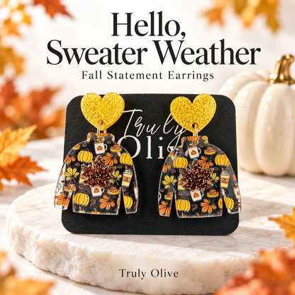 Truly Olive Fall Sweater Earrings with Glitter Maple Leaves - Earrings Dangle Earrings