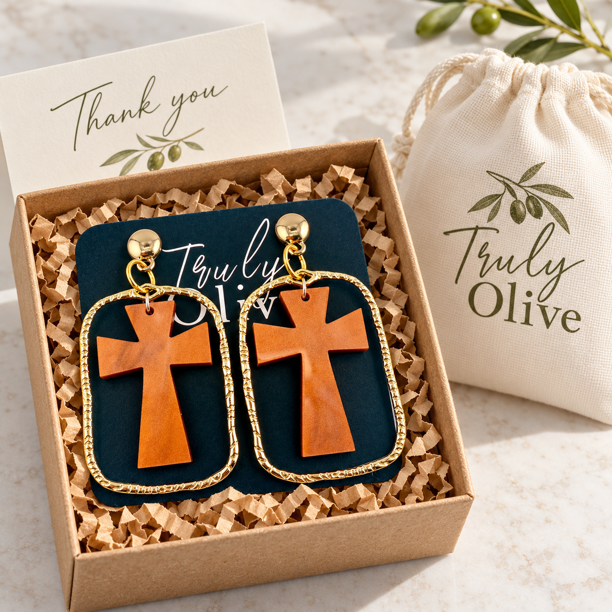 Trulyolive Brown Cross Statement Earrings With Textured Gold Frame - Earrings