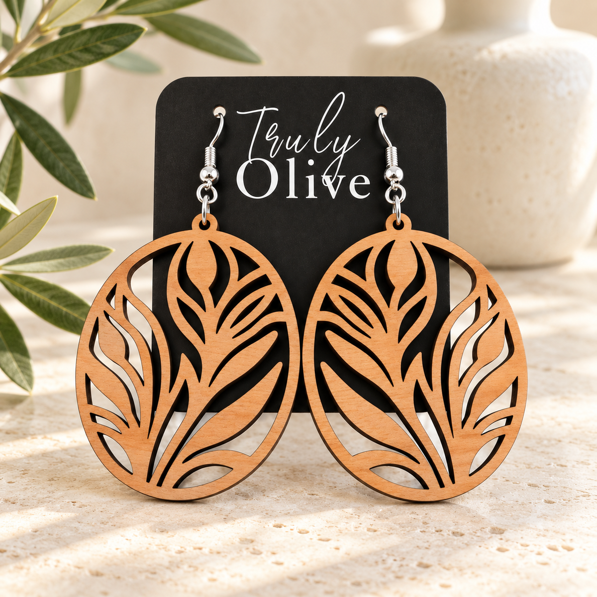 Truly Olive Botanical Oval Wood Earrings - Earrings Dangle Earrings